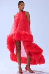 ARI TULLE RUFFLE HIGH LOW MINI DRESS IN RED