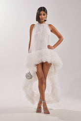 ARI TULLE RUFFLE HIGH LOW MINI DRESS IN WHITE