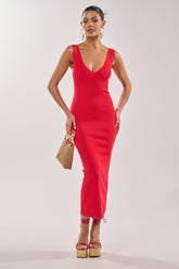 BETWEEN THE LINES MIDI DRESS IN RED