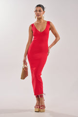 BETWEEN THE LINES MIDI DRESS IN RED