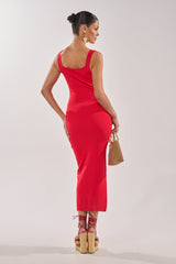 BETWEEN THE LINES MIDI DRESS IN RED