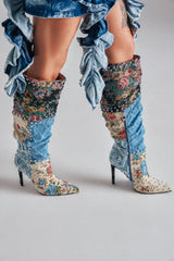 AZALEA WANG AILA DENIM MULTI STUDDED POINTED TOE STILETTO BOOT