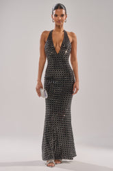 DRESSED UP WITH NOWHERE TO GO RHINESTONE MAXI DRESS