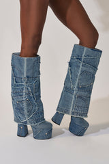 AZALEA WANG DUMI DENIM CHUNKY PATCHWORK BOOT
