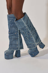 AZALEA WANG DUMI DENIM CHUNKY PATCHWORK BOOT