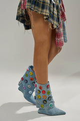 AZALEA WANG EAVEN WEDGE EMBELLISHED DENIM BOOTIE