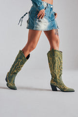 AZALEA WANG HEINRICH DENIM WESTERN LOW HEEL BOOT
