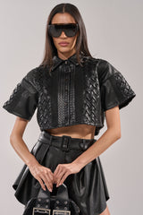 BIKER BRAIDED LEATHER CROPPED BUTTON DOWN