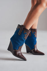 AZALEA WANG TALLULAH DENIM WEDGE WESTERN BOOTIE