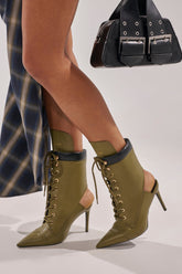 AZALEA WANG XIOMARA OLIVE LACE UP STILETTO BOOTIE