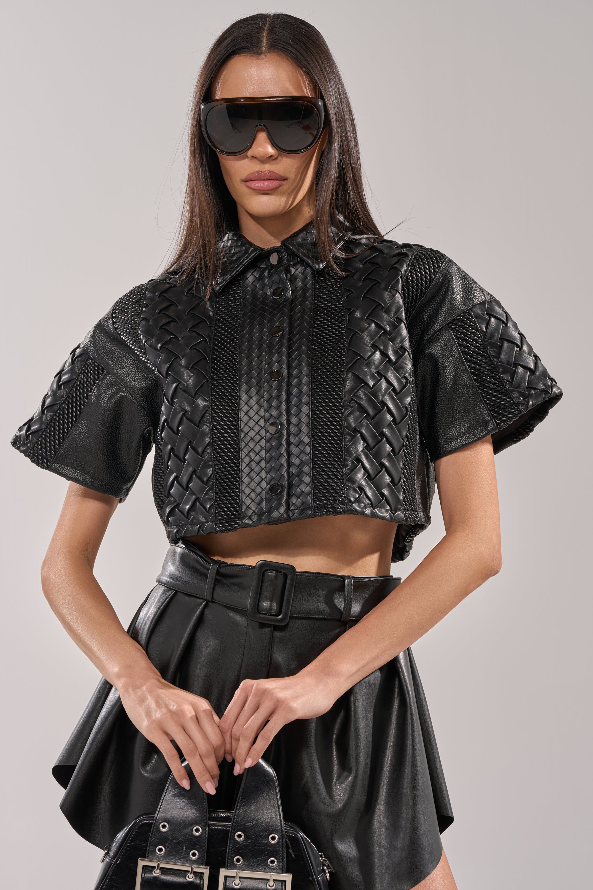 BIKER BRAIDED LEATHER CROPPED BUTTON DOWN