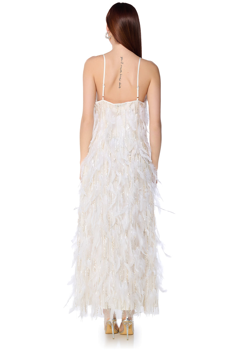 DREAM GIRL FEATHER EMBELLISHED MAXI DRESS